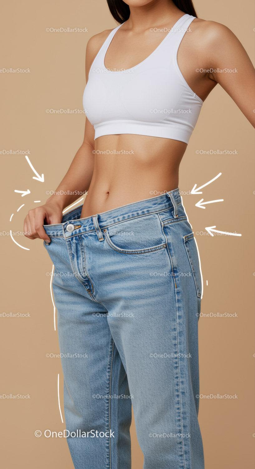 Young Woman Measuring Loose Jeans in Casual Fitness Outfit