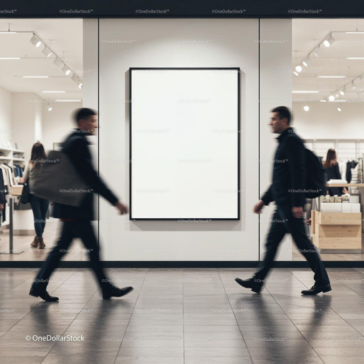 Blurred business people walking past blank store poster JPG Mockup Image preview
