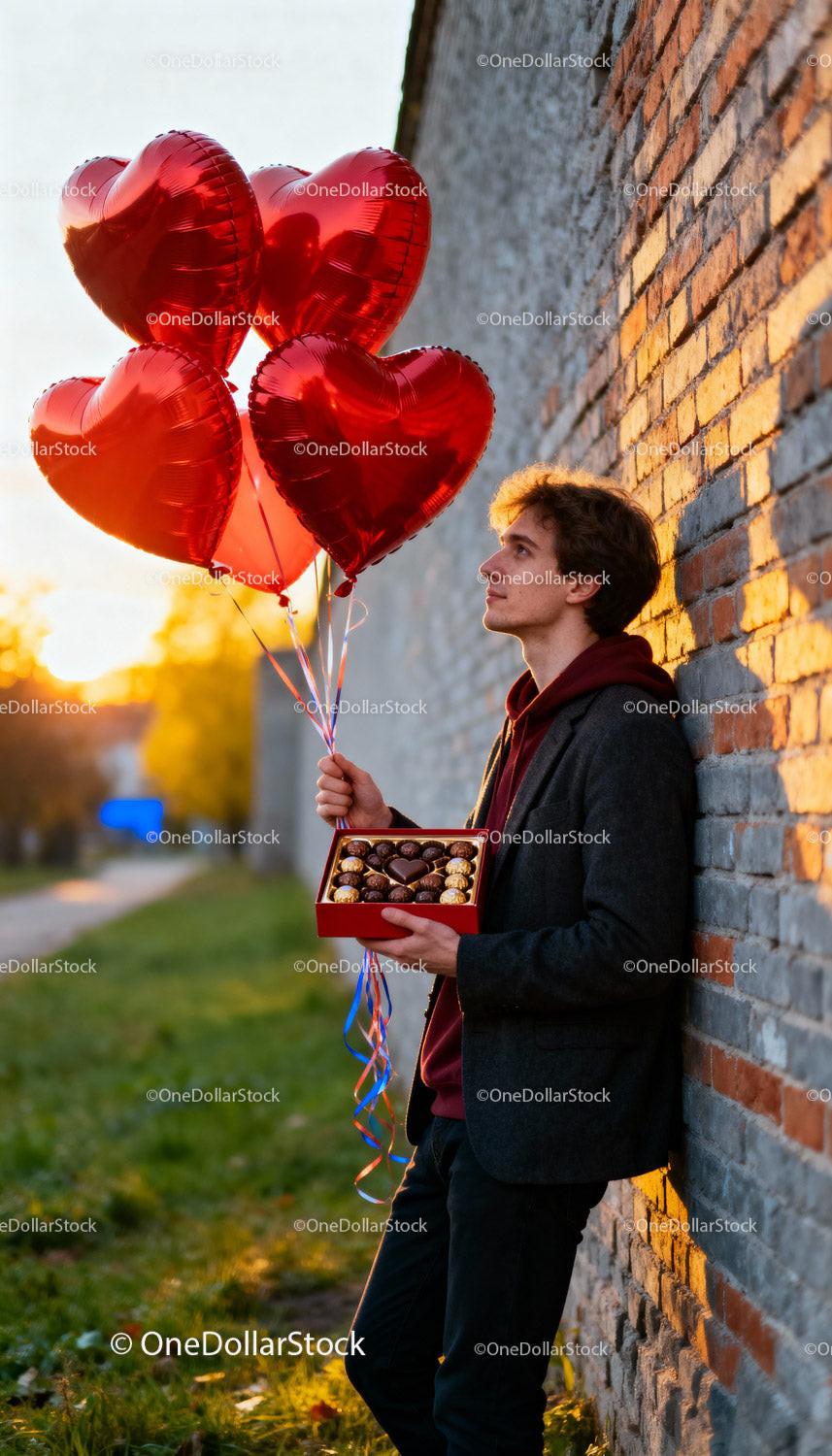 Young man holding chocolates and heart balloons outdoors
