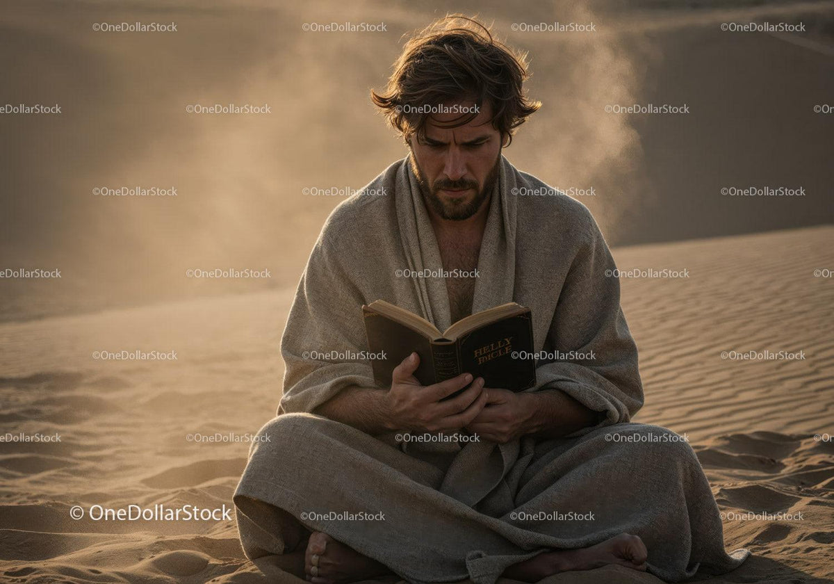 Man in Casual Clothing Reading Book in Desert During Dust Storm Stock Photo Bundle preview 21
