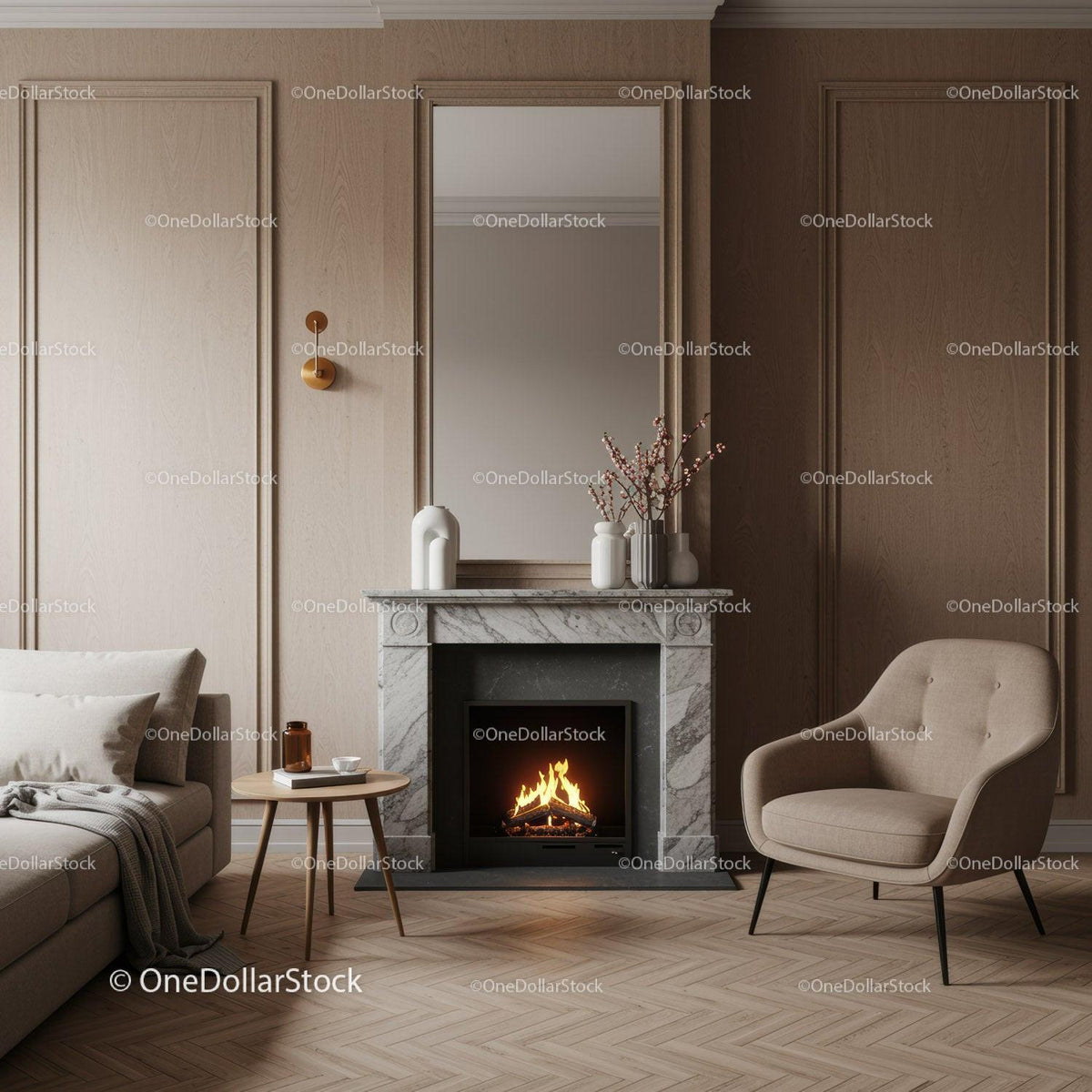 Elegant Minimalist Living Room with Marble Fireplace and Cozy Atmosphere