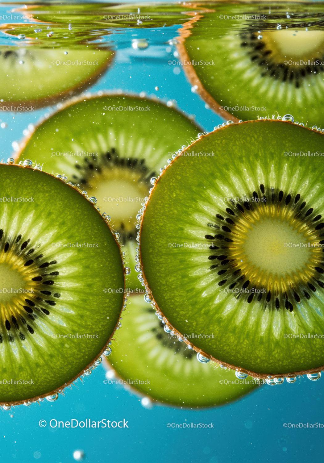 Fresh kiwi slices floating in sparkling water