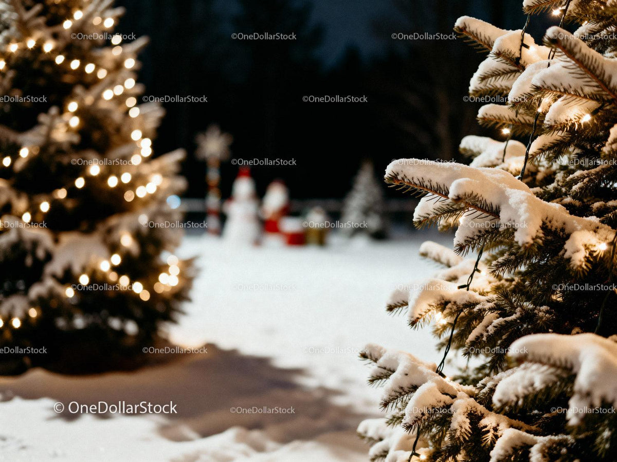 Snow-covered Christmas trees glowing with festive lights