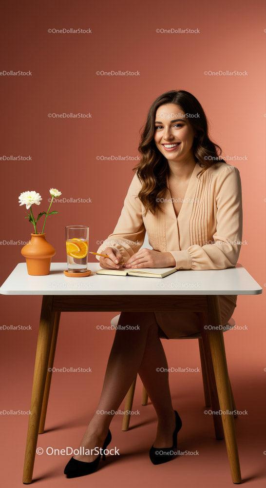 stock photo bundle made with Cheerful Woman Writing at a Table with Flowers and Drinks Stock Photo Bundle