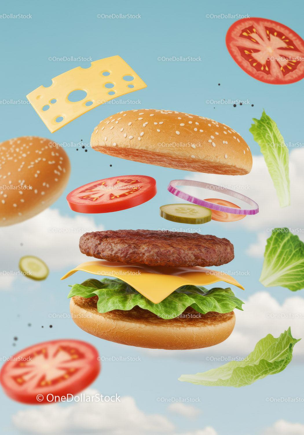 Floating Classic Cheeseburger Ingredients Against Blue Sky