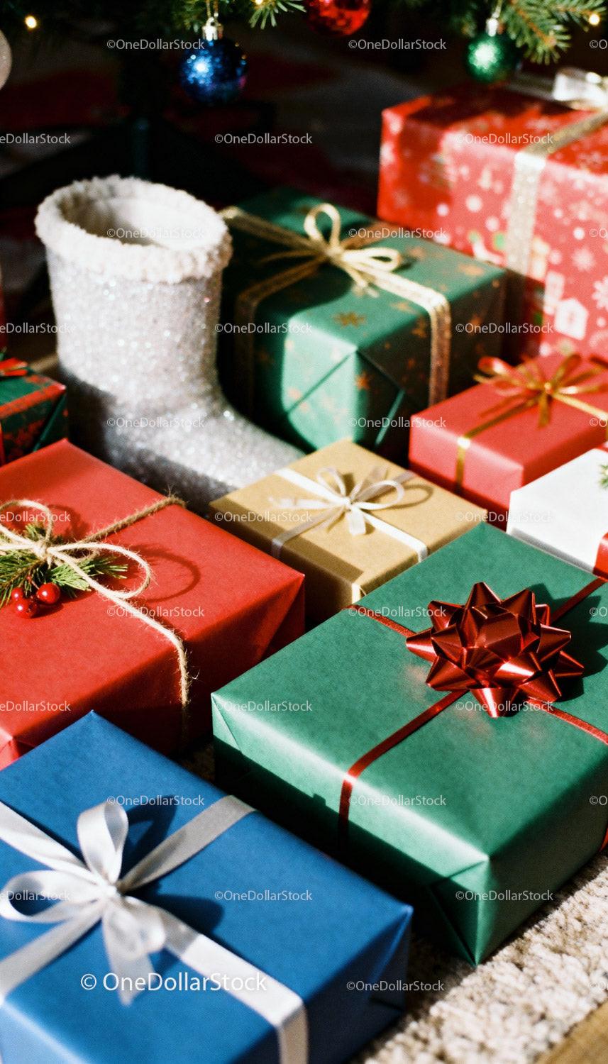 Colorful Christmas Gifts Wrapped with Festive Ribbons