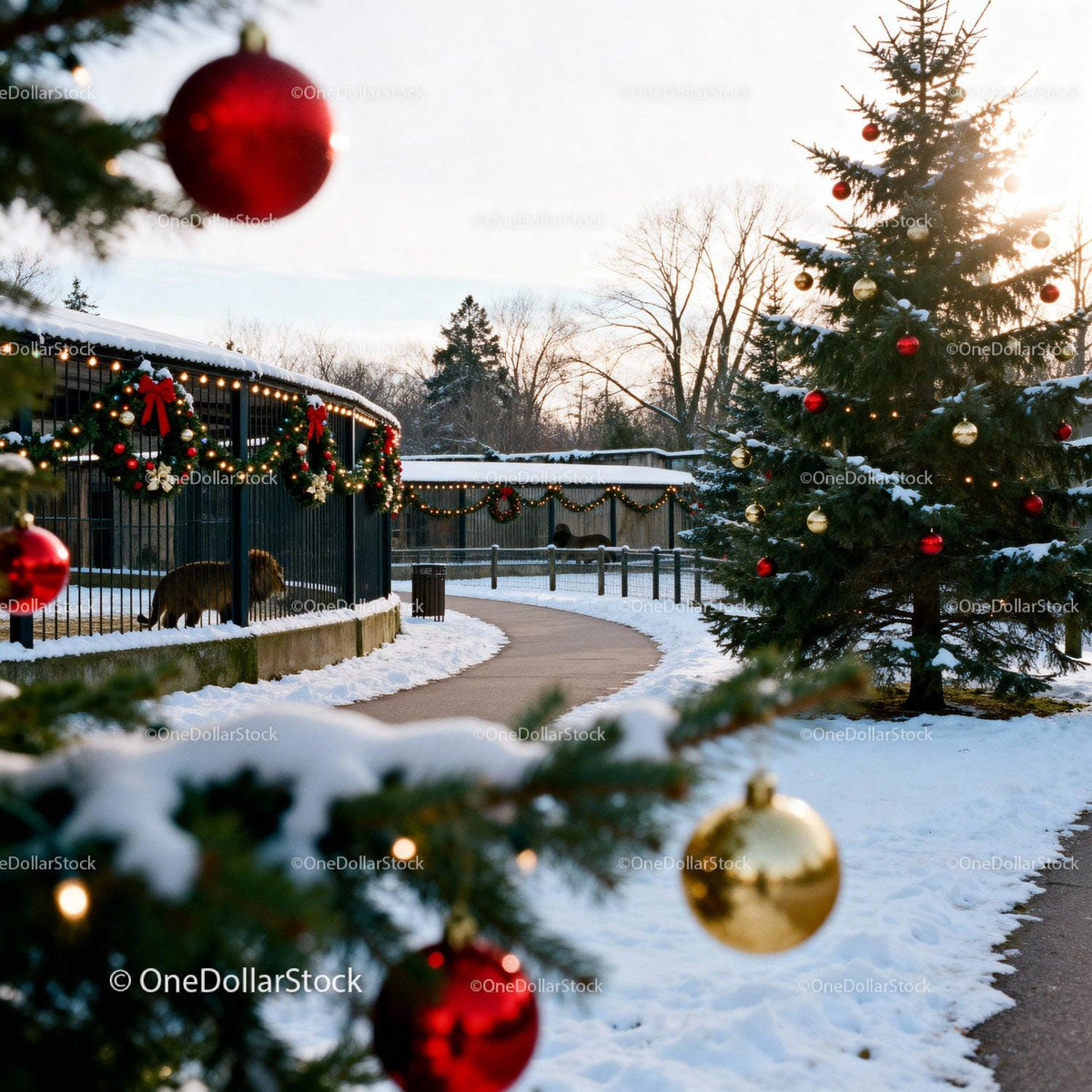 Winter Zoo Path with Festive Christmas Decorations