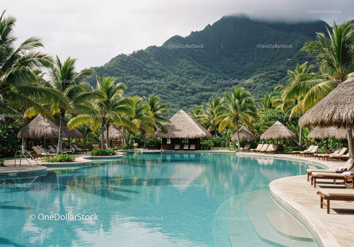 Luxurious Poolside Resort Surrounded by Palm Trees and Mountain View