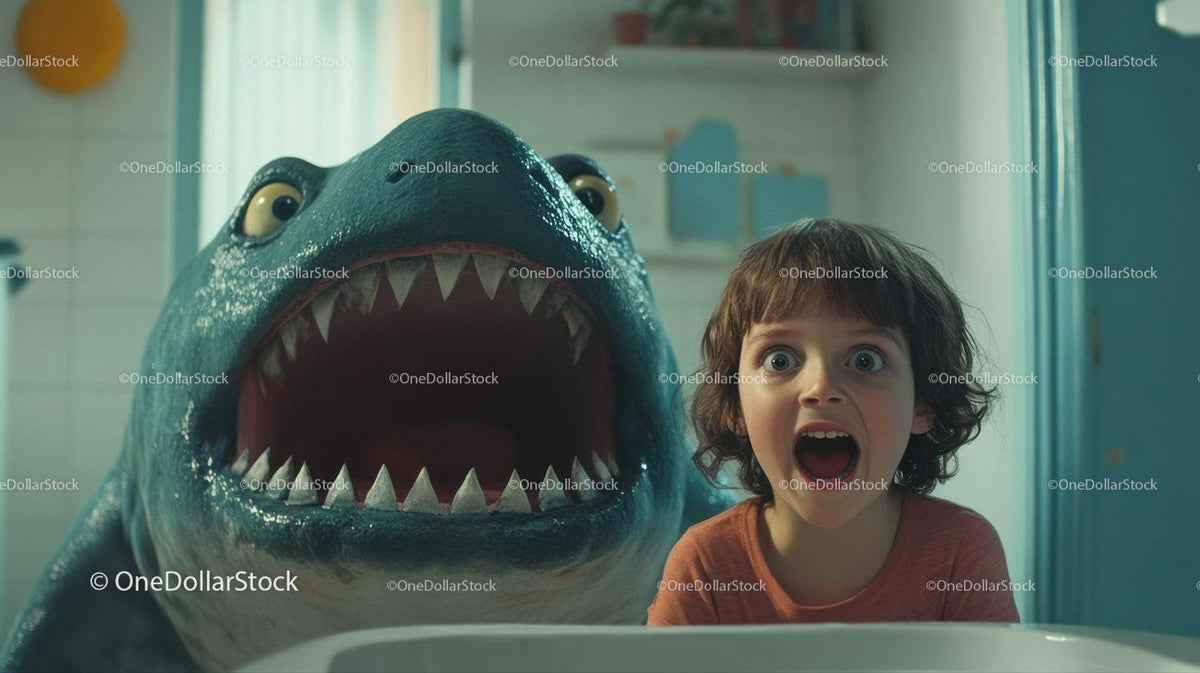 Young girl with brown hair standing next to open-mouthed shark statue indoors with tiled background
