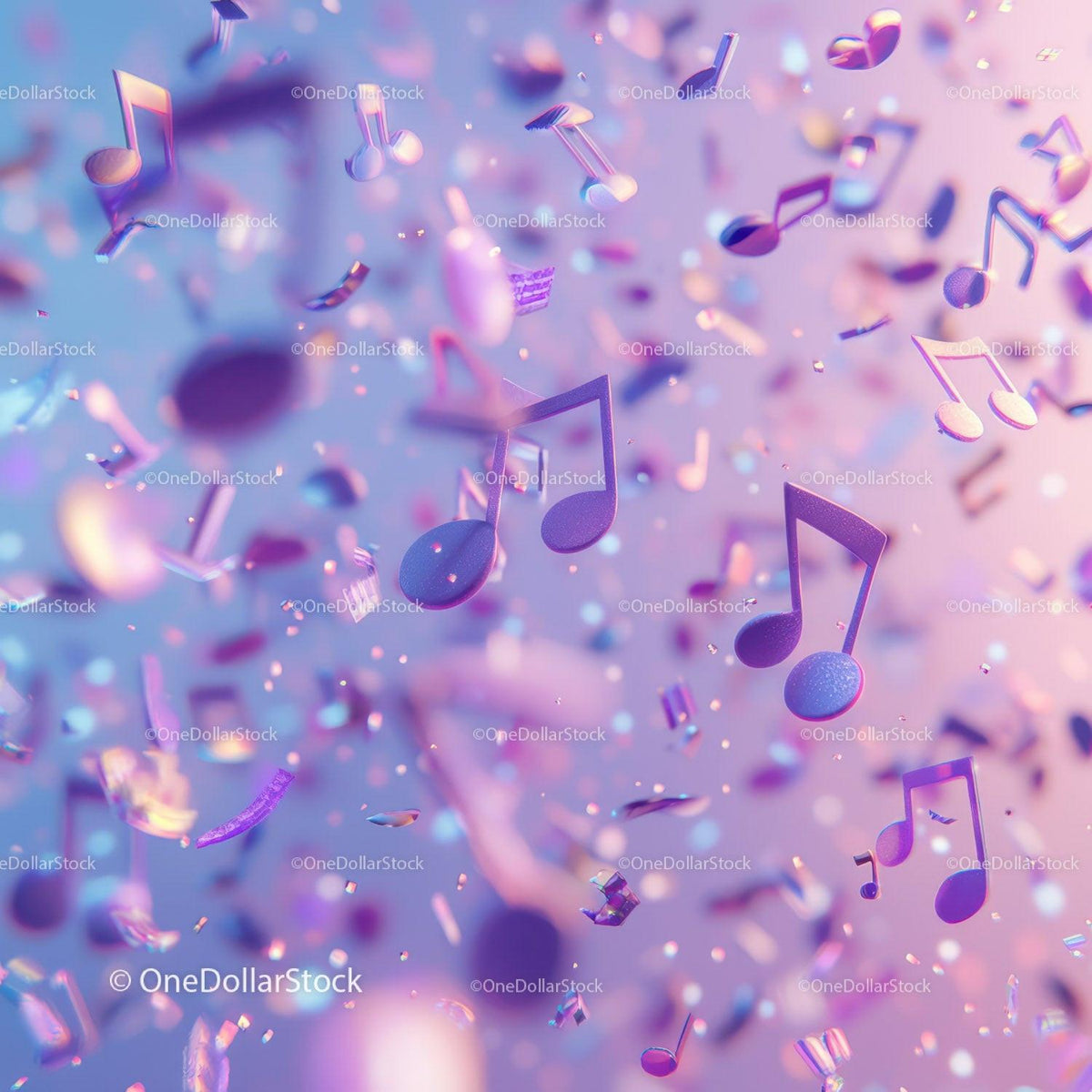3D purple musical notes floating against pastel blue and pink background