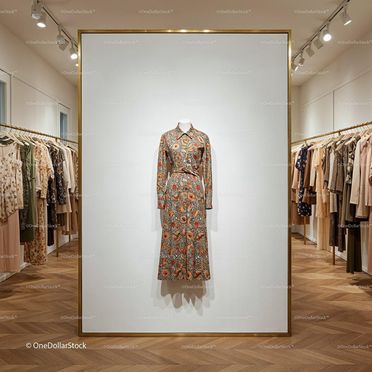 Floral long sleeve dress on mannequin in boutique JPG Mockup Image preview