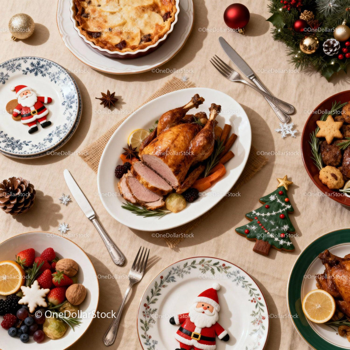 Festive Christmas Dinner Table with Roast Turkey and Sweets