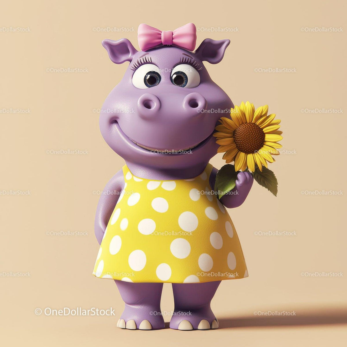 Purple cartoon hippo in yellow polka dot dress holding sunflower on beige background