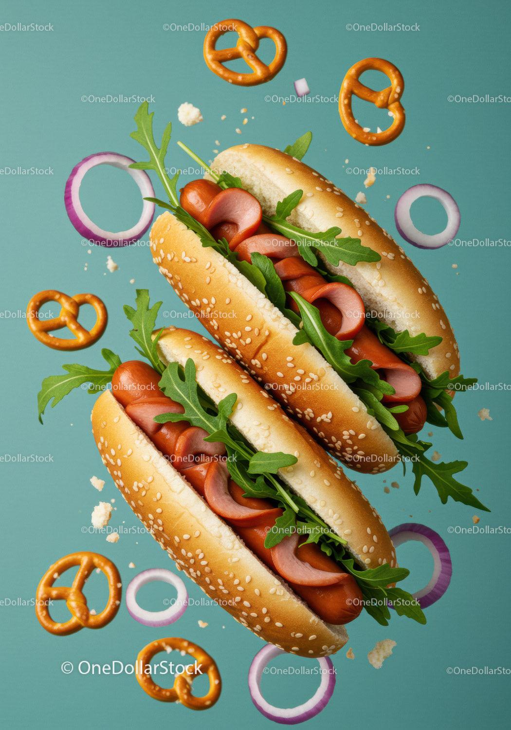 Two hot dogs with arugula and pretzels on blue background
