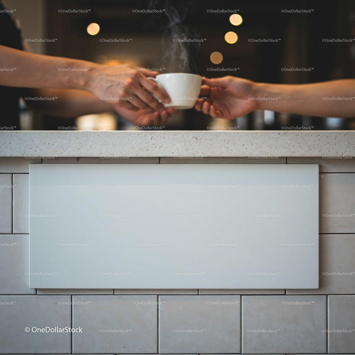 Exchanging Steaming Coffee Cup Over Cafe Counter JPG Mockup Image preview