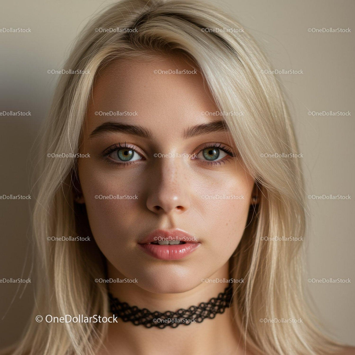 Beautiful Blonde Woman with Green Eyes and Blonde Hair in Natural Portrait