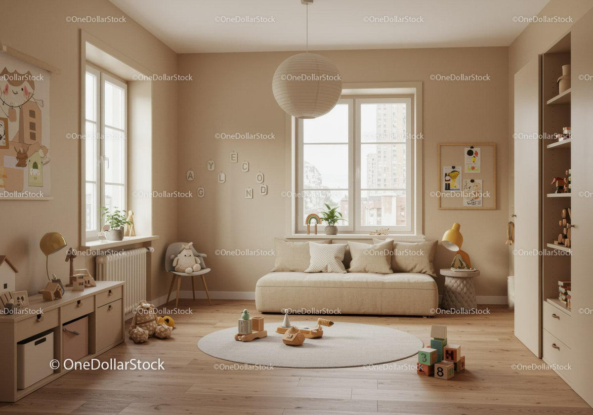 Bright Kid's Playroom with Children's Art and Wooden Toys