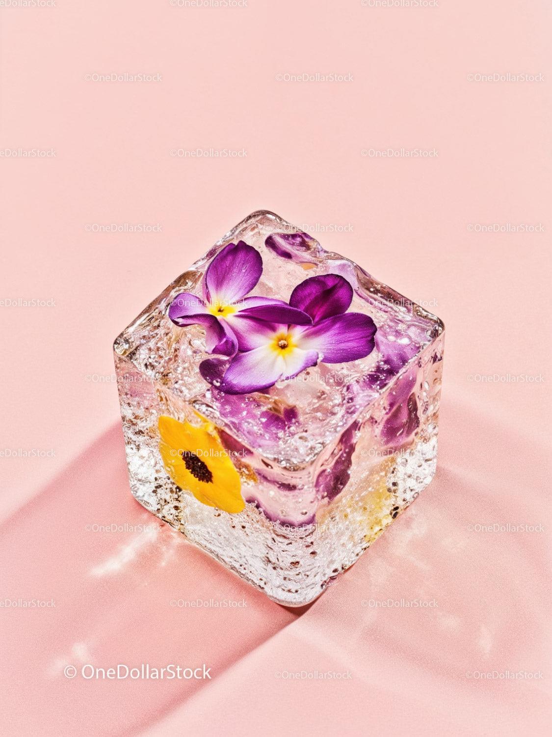 Frozen edible flowers inside a clear ice cube