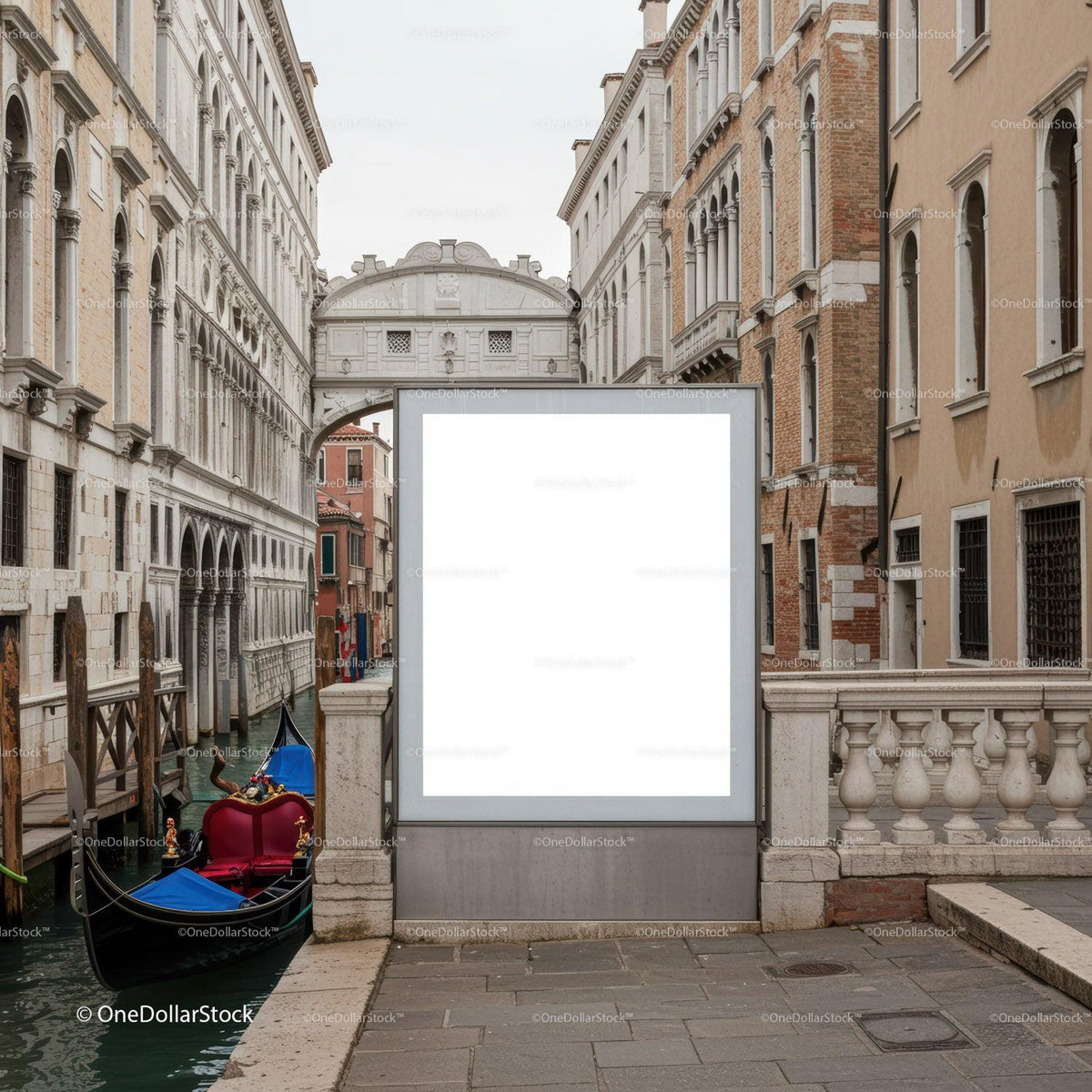 Venetian canal with gondola and historic bridge in daytime JPG Mockup Image preview
