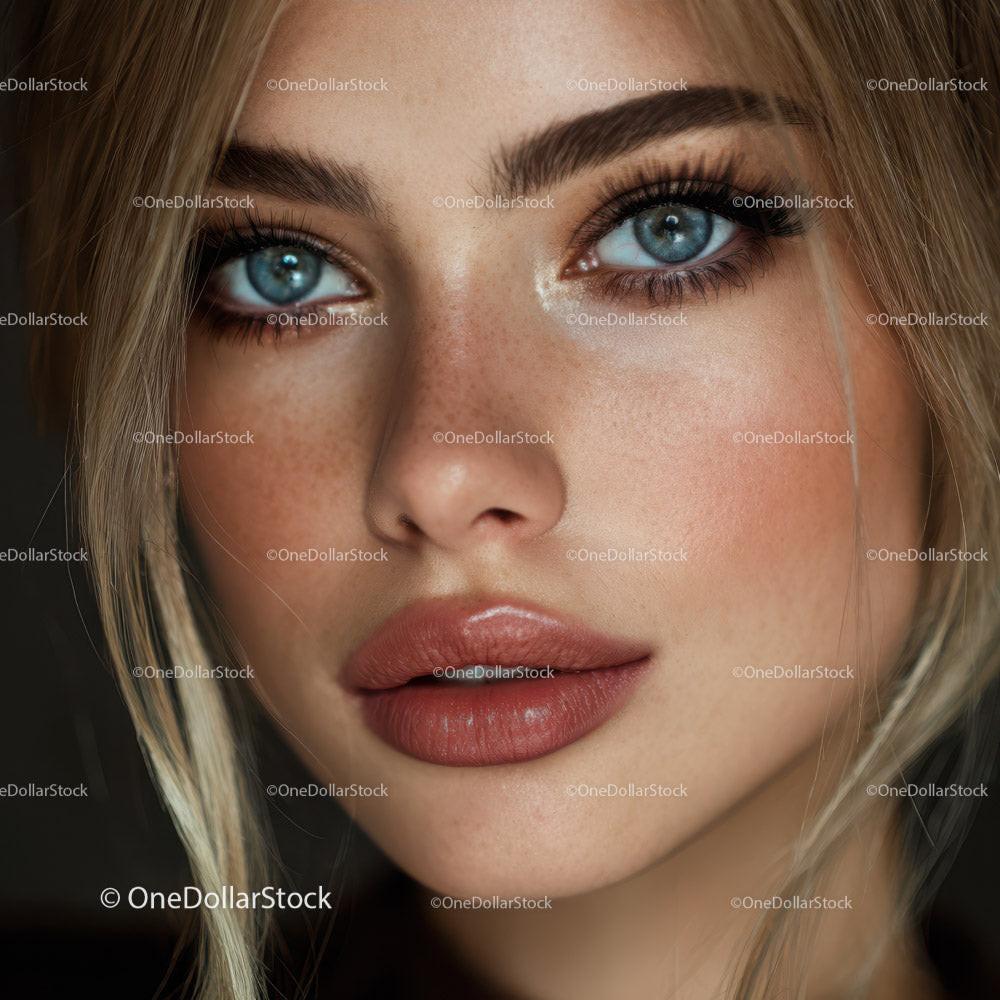 Close-Up of Beautiful Woman with Blue Eyes and Blonde Hair