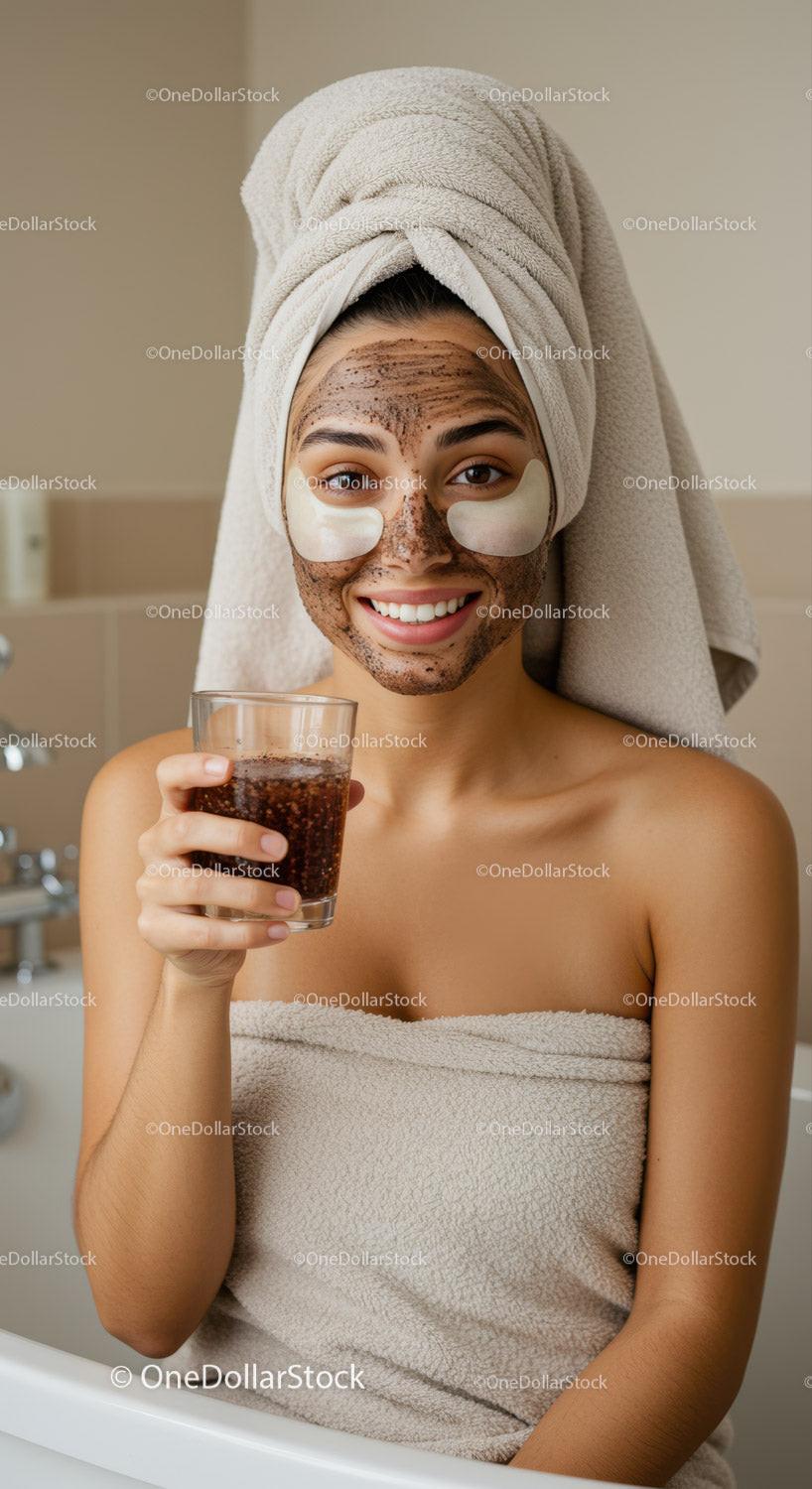 Young woman enjoying skincare and fizzy drink at home spa