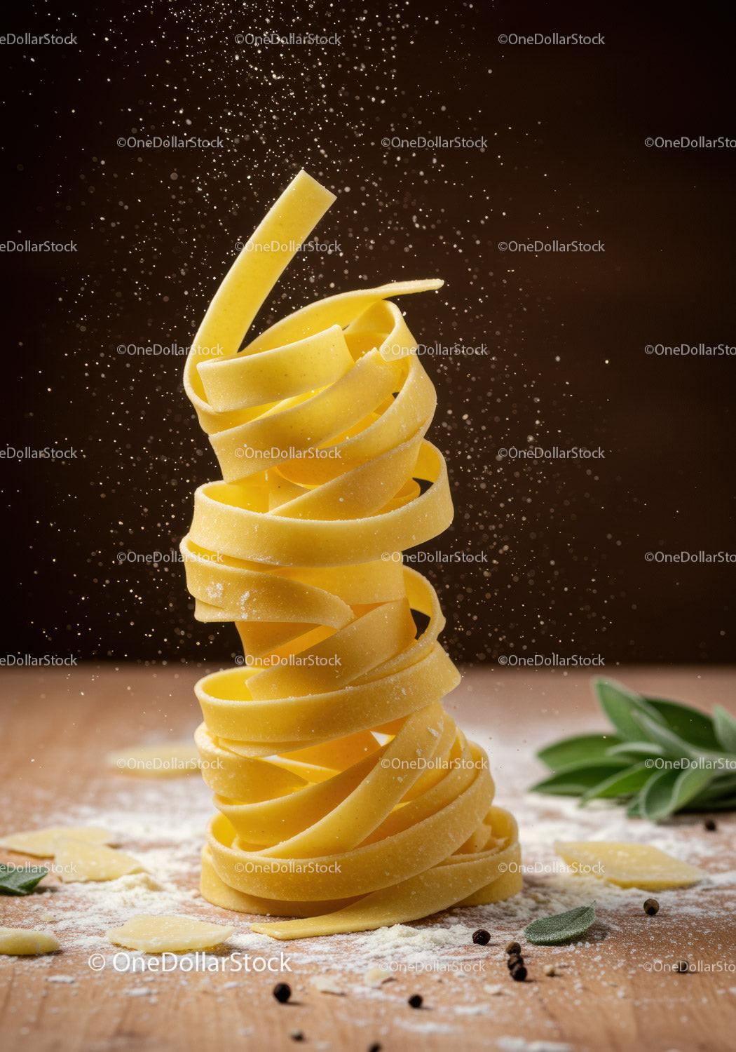 Stacked fresh tagliatelle pasta with scattered flour