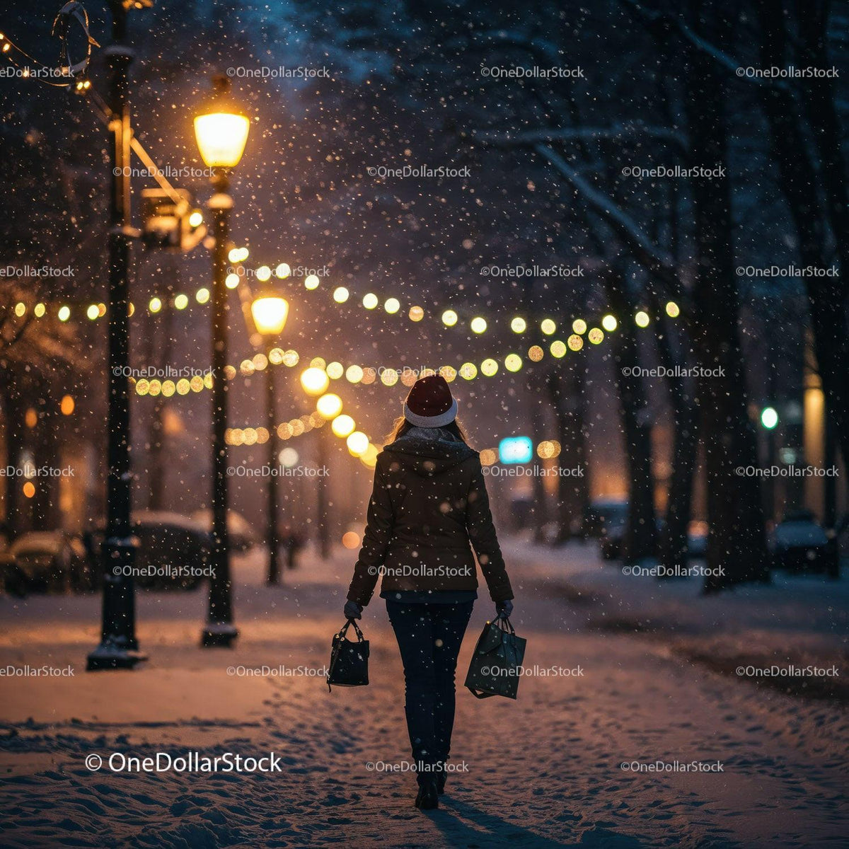Woman Walking Through Snowy Street with Holiday Lights