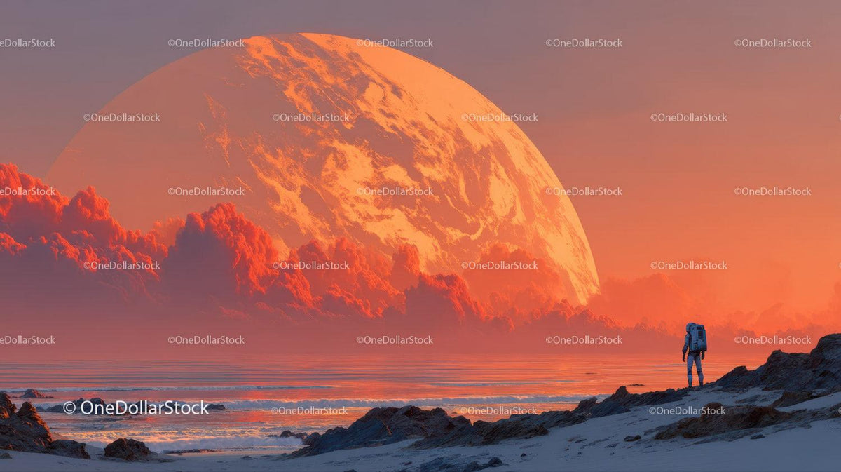 Astronaut Exploring a Surreal Alien Landscape with a Giant Orange Planet Stock Photo Bundle preview 35