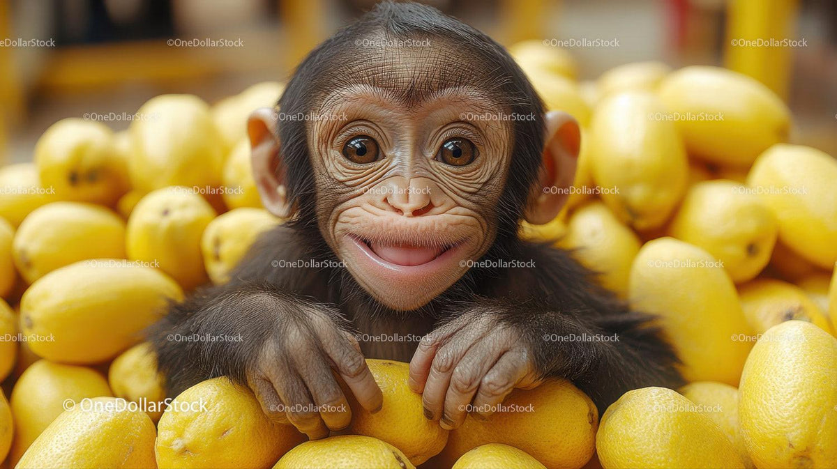 Baby chimpanzee sitting among bright yellow lemons with expressive eyes