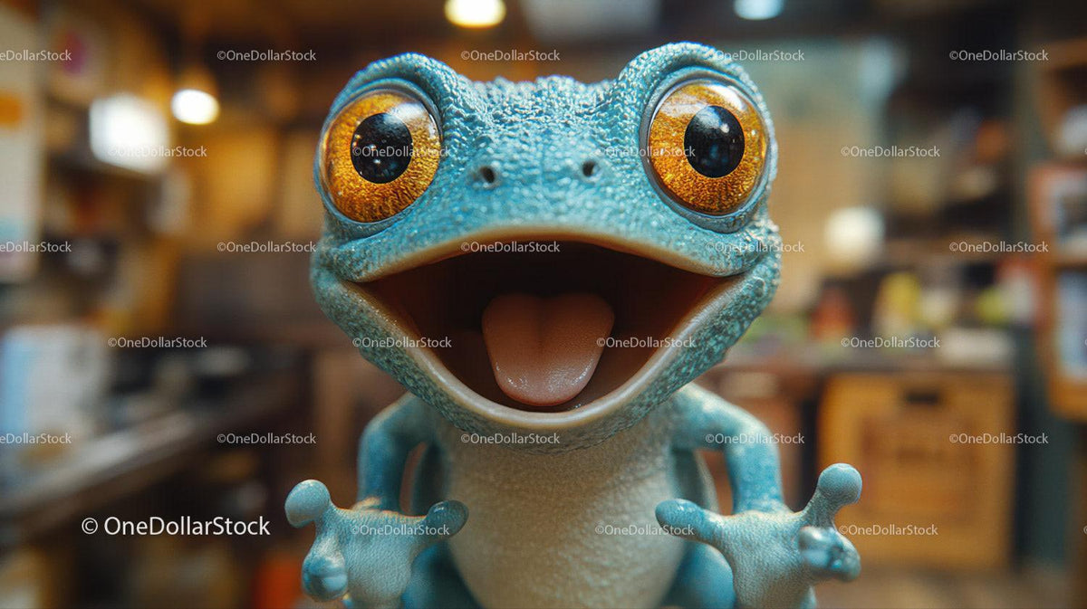 Blue cartoon frog with wide smile and large orange eyes indoors