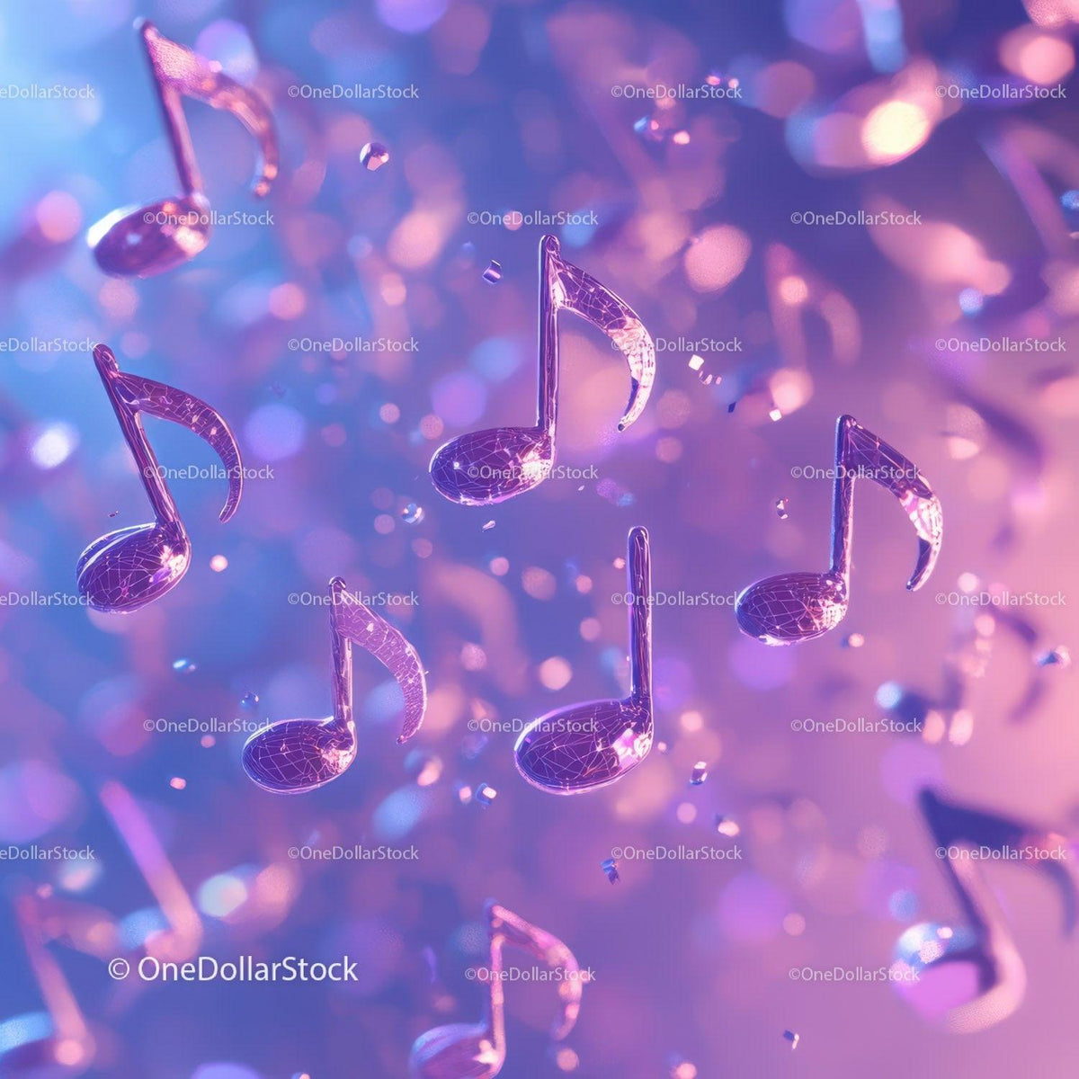 Glossy pink music notes floating on a blue and pink gradient background with light and bokeh effects