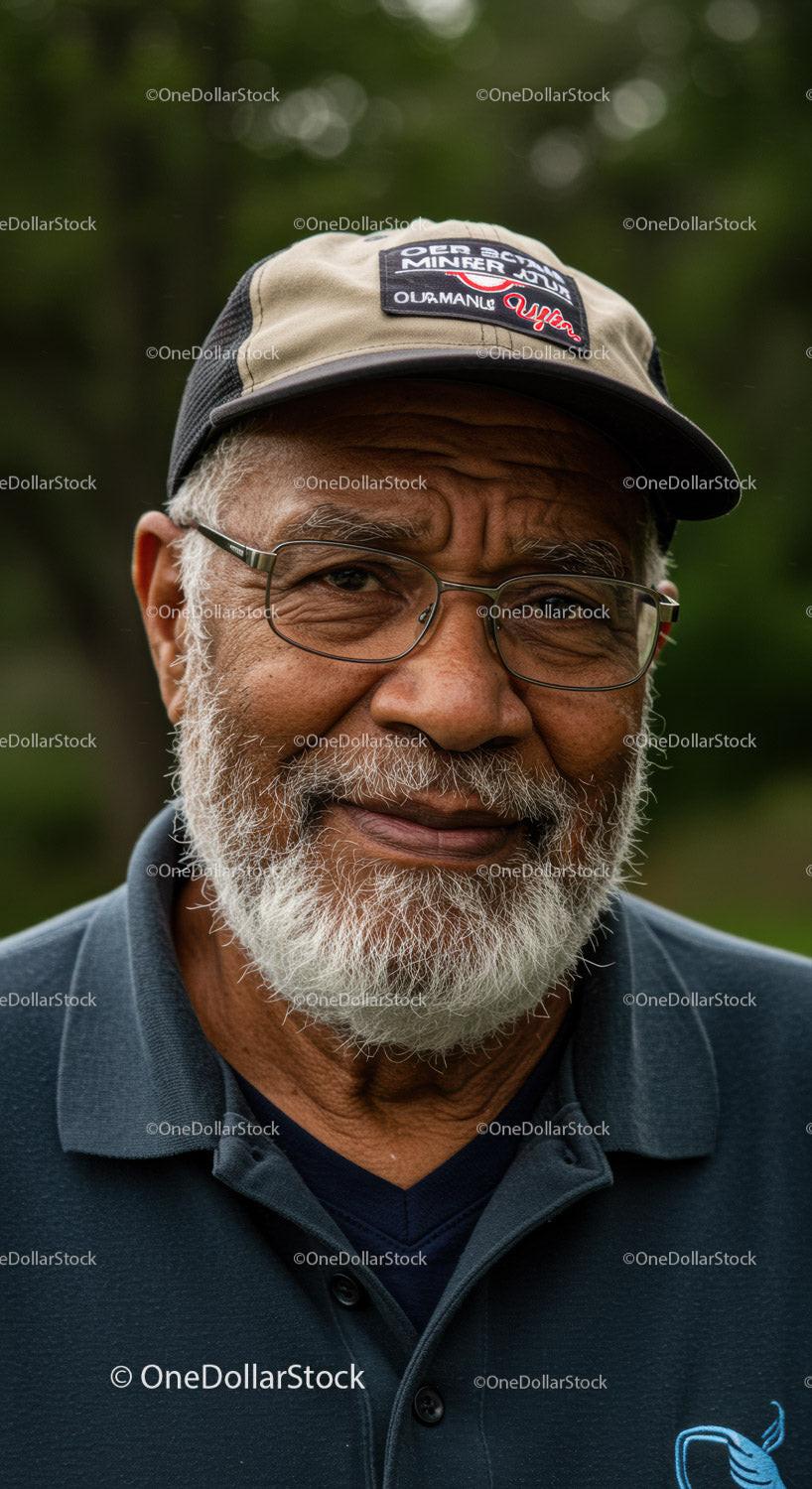 Smiling elderly man wearing cap and glasses outdoors