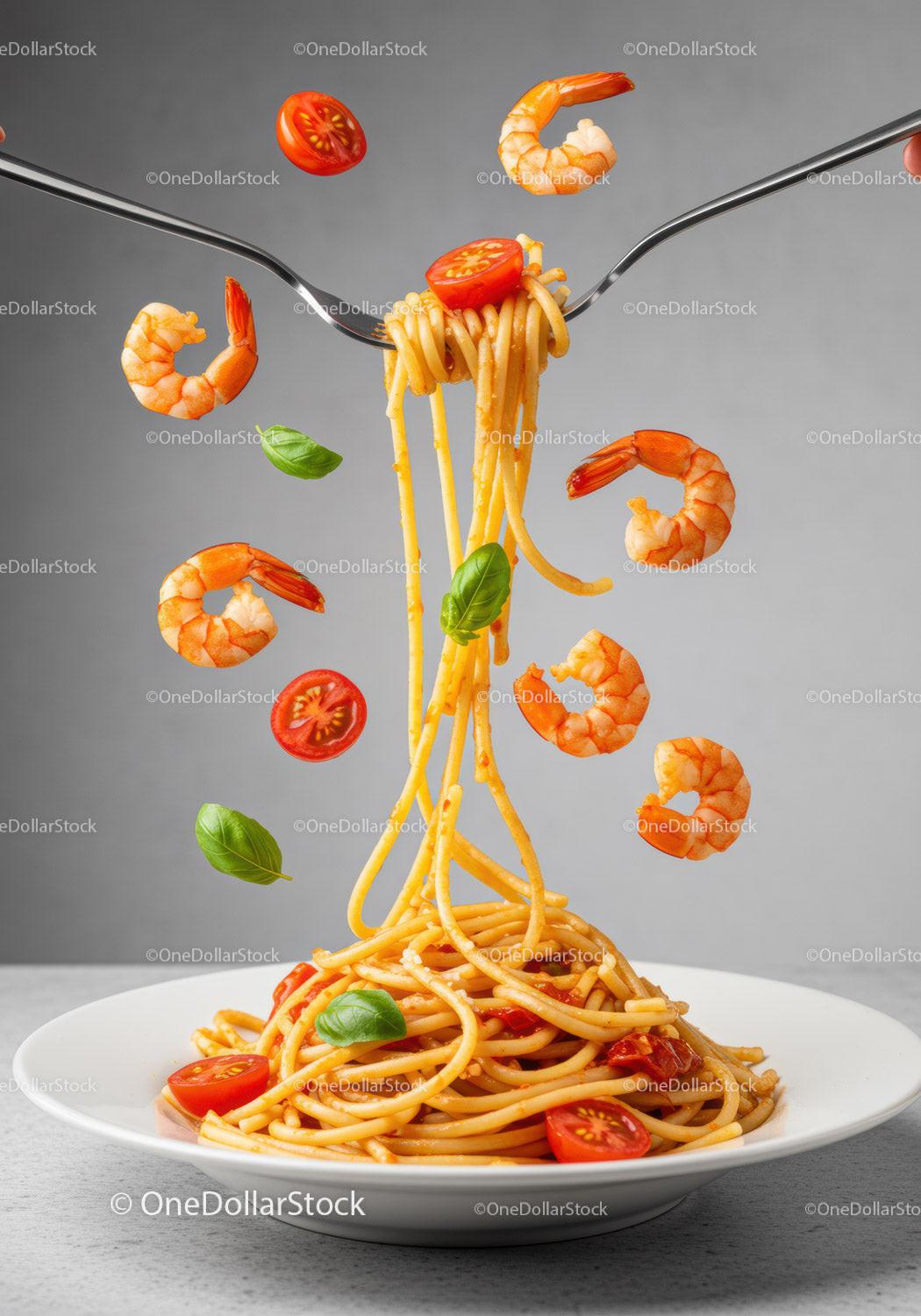 Spaghetti with shrimp cherry tomatoes and fresh basil