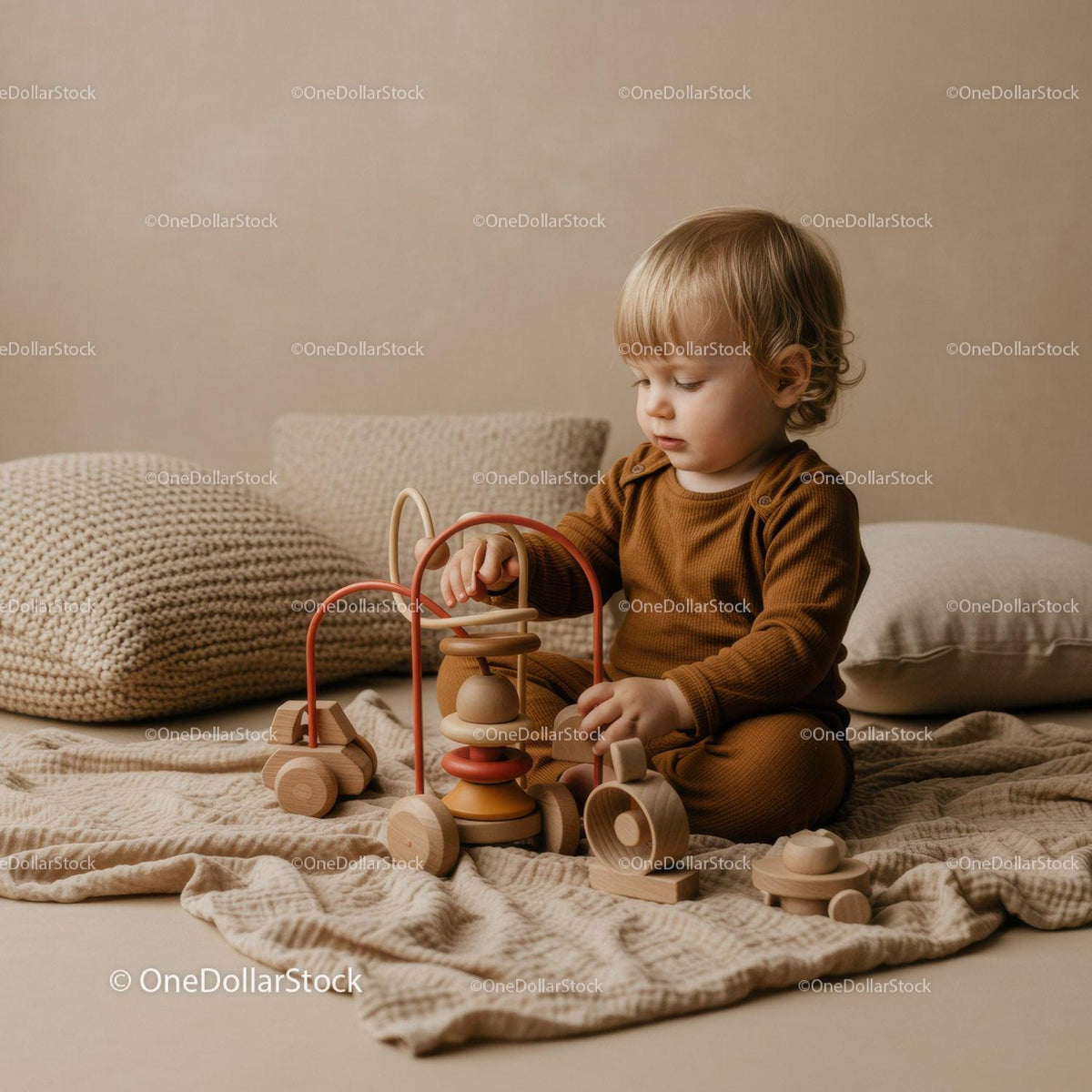 Toddler Playing with Wooden Toys in Warm Neutral Room
