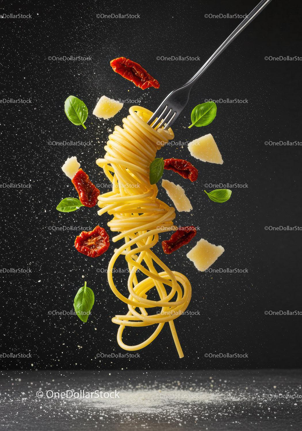 Fork Twisting Spaghetti with Parmesan and Basil Leaves