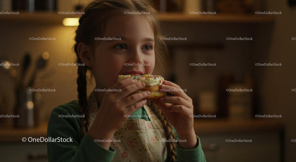 Girl Eating a Colorful Donut in a Cozy Kitchen Stock Photo Bundle preview 7
