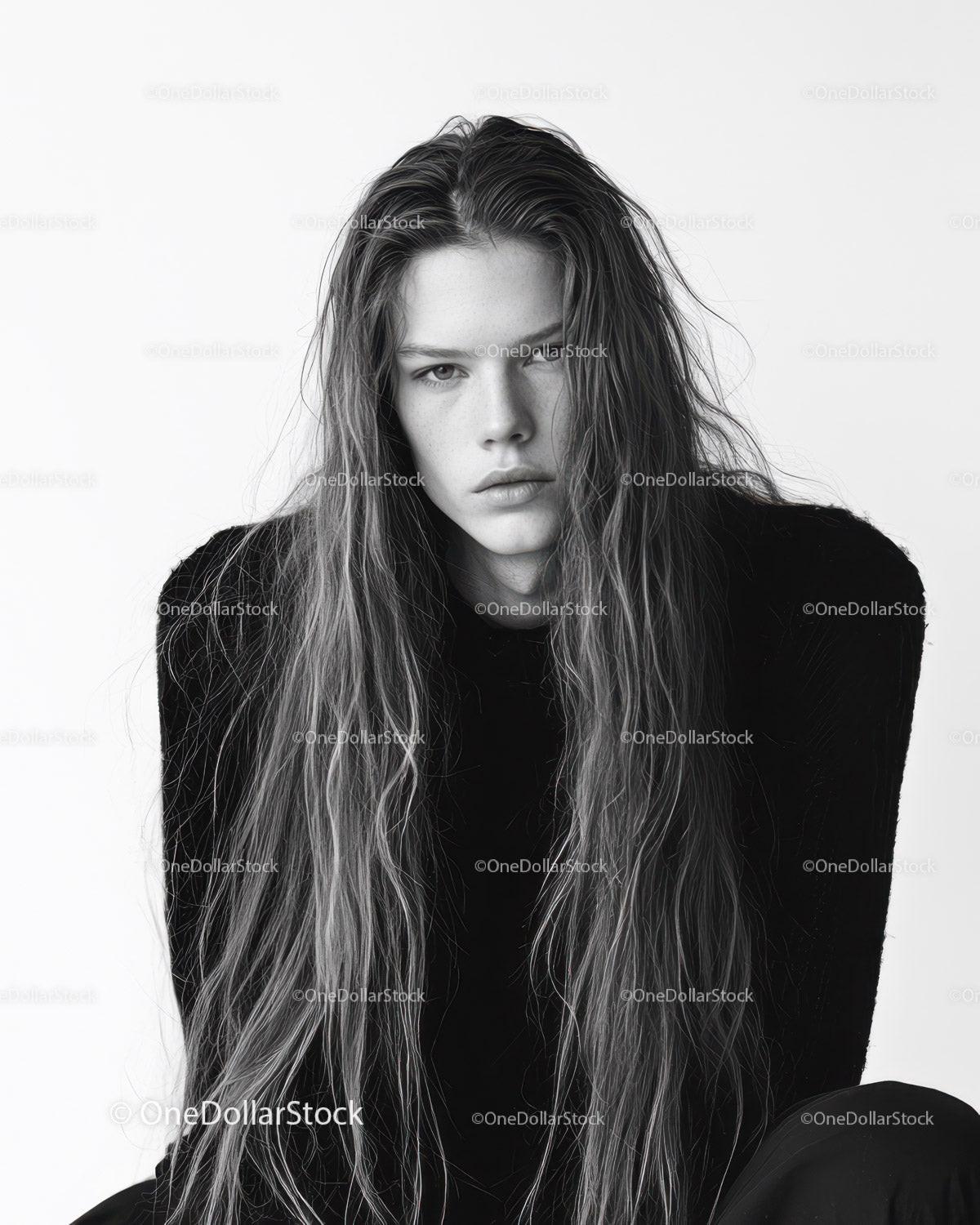 Black and White Portrait of Young Woman with Wavy Hair