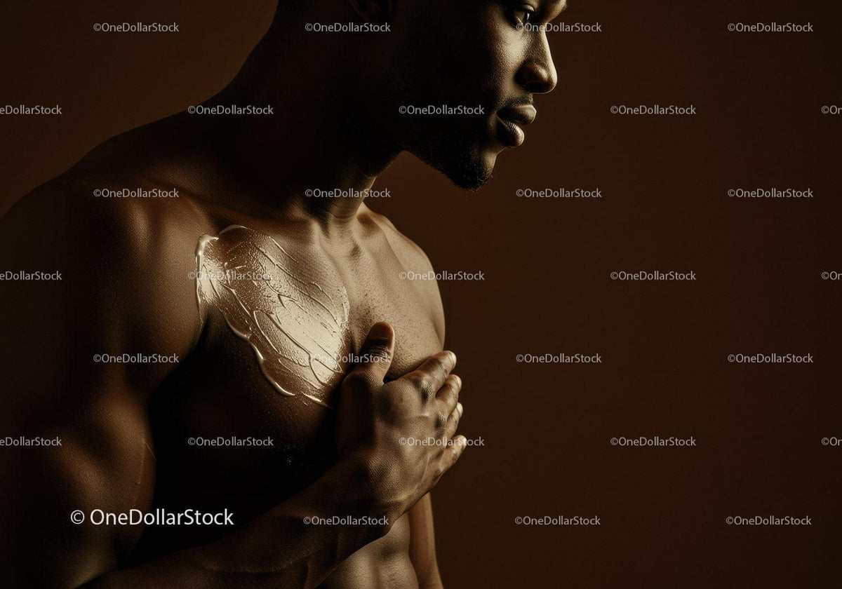 Male Model with Gold Body Paint and Artistic Body Art in Dark Setting