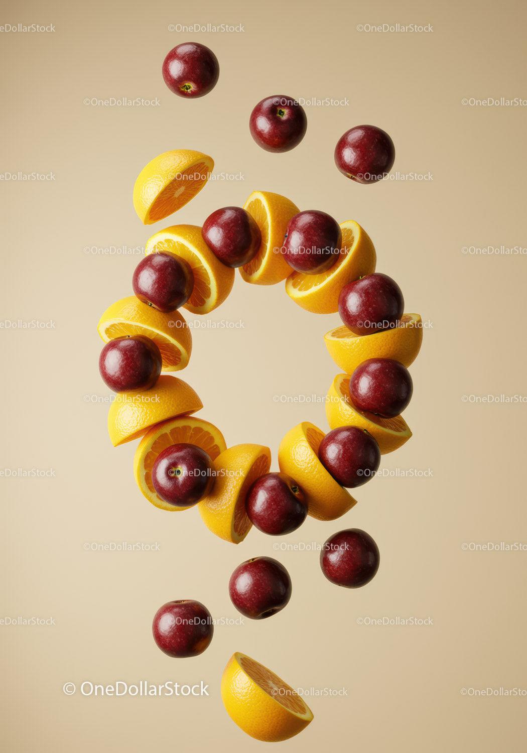 Floating red apples and sliced oranges in circular shape