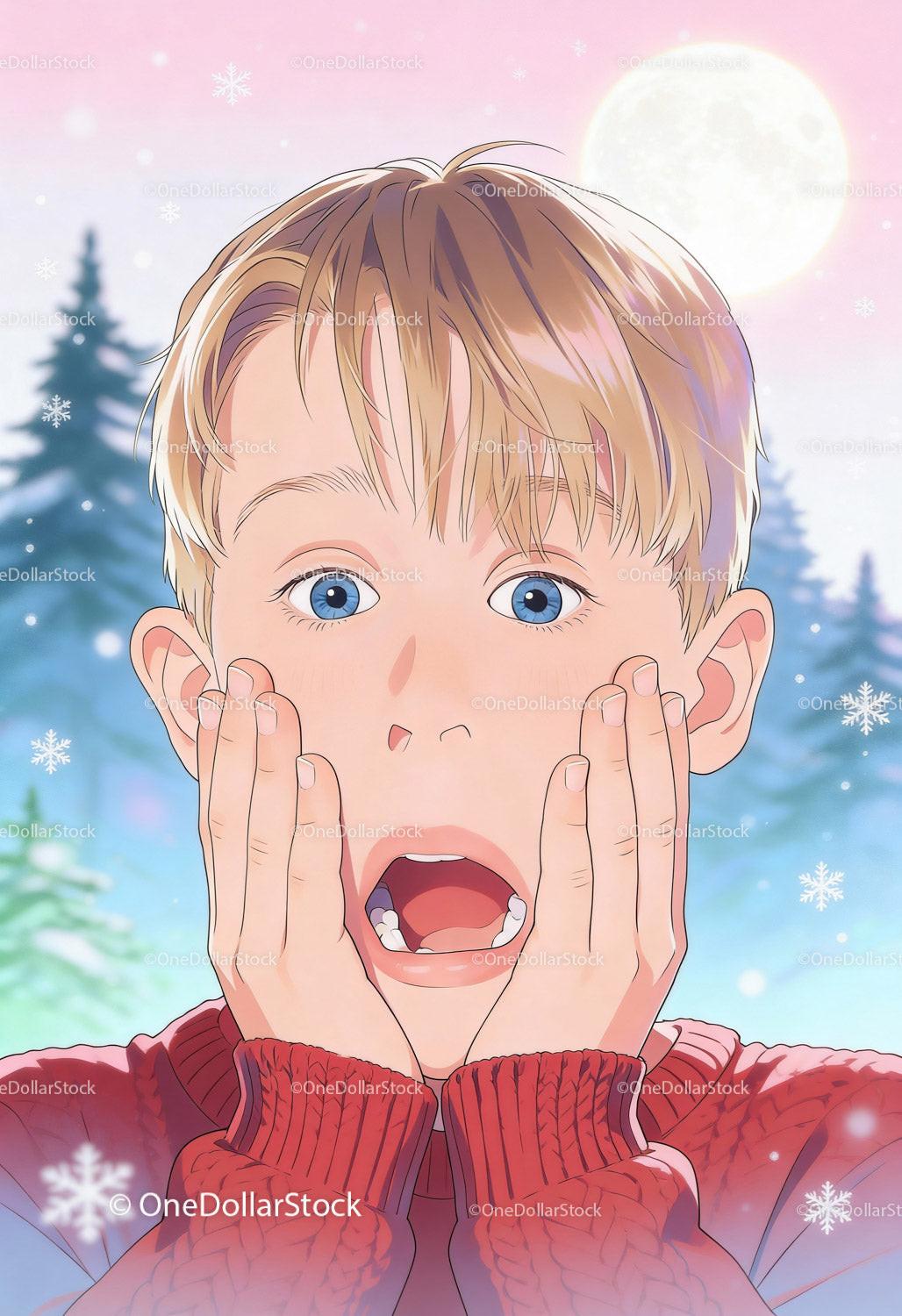 Surprised boy wearing red sweater in snowy winter night