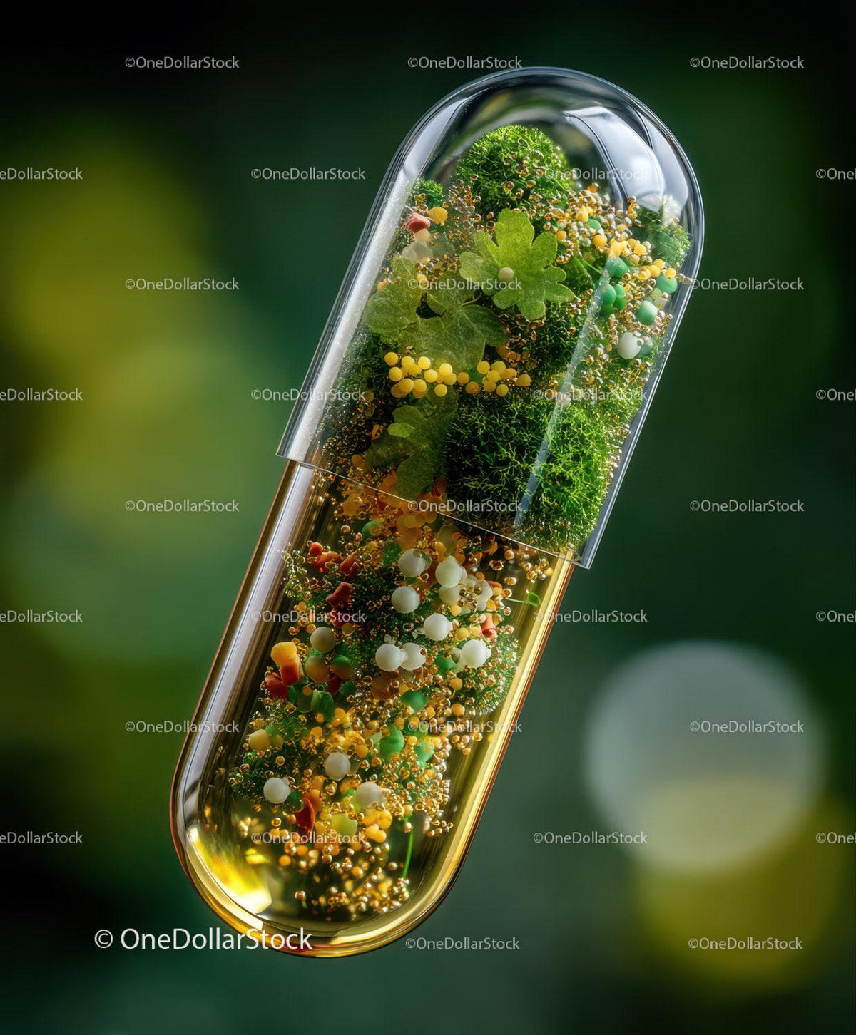 Clear capsule containing green moss, small leaves, and colorful round particles