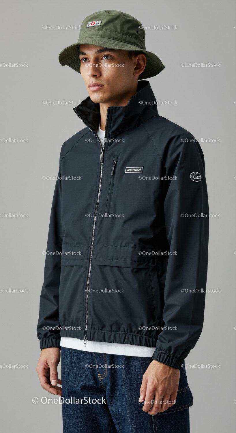 Stylish Young Man in Black Jacket and Bucket Hat for Casual Fashion