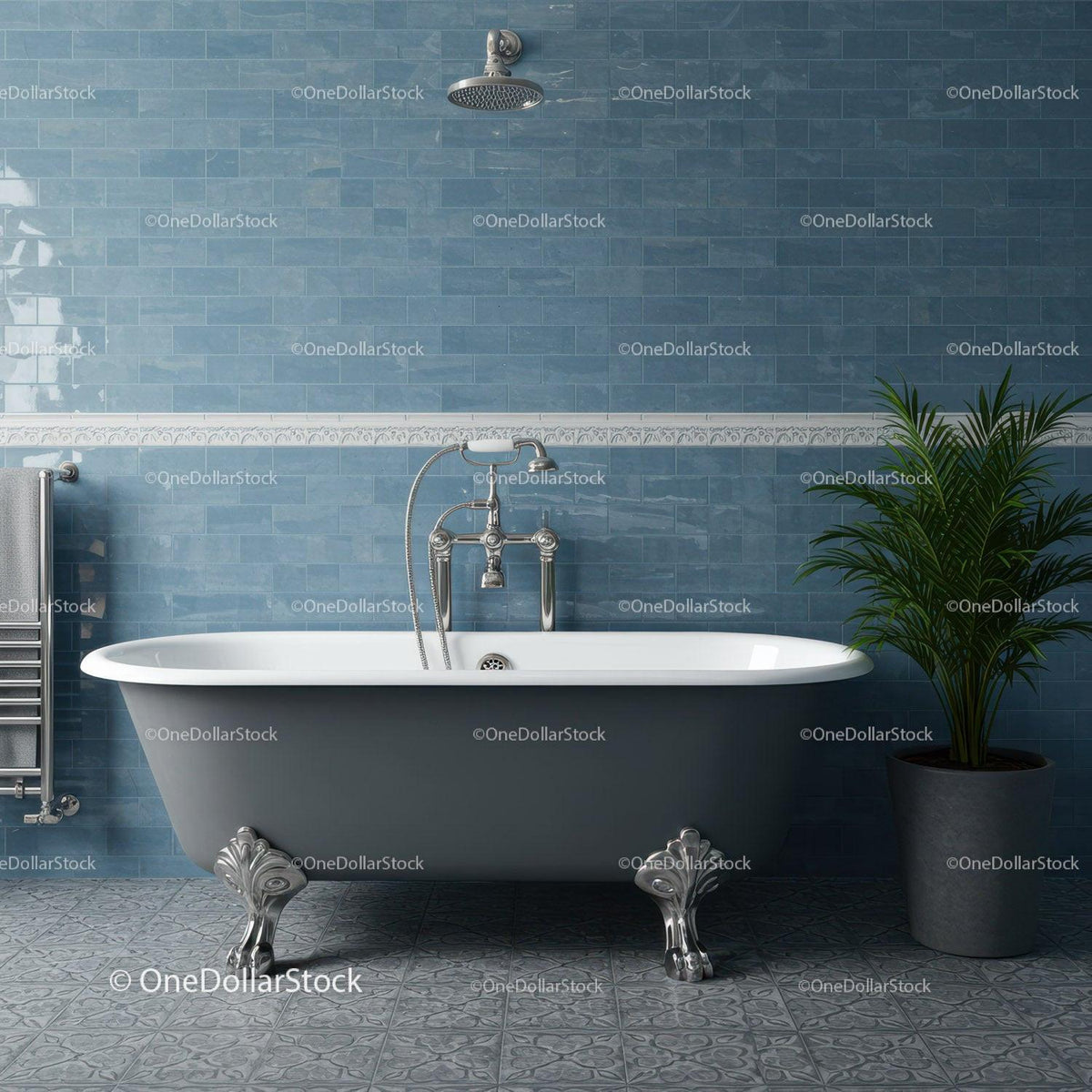 Classic clawfoot bathtub in stylish blue bathroom
