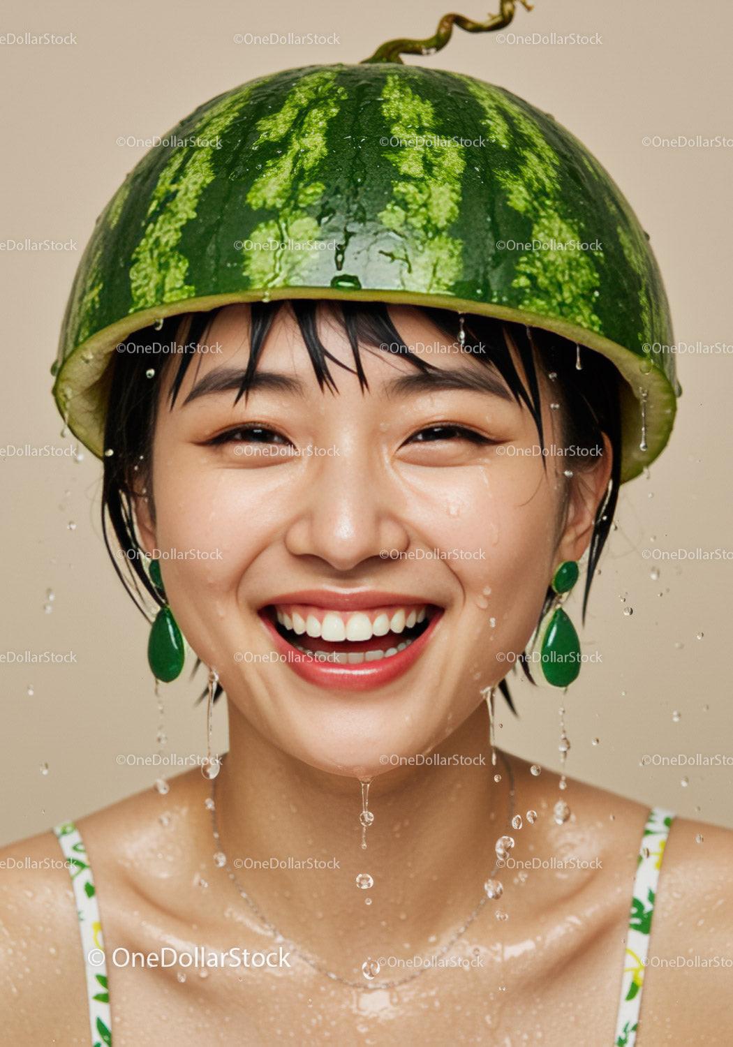 Joyful woman wearing watermelon helmet with water drops