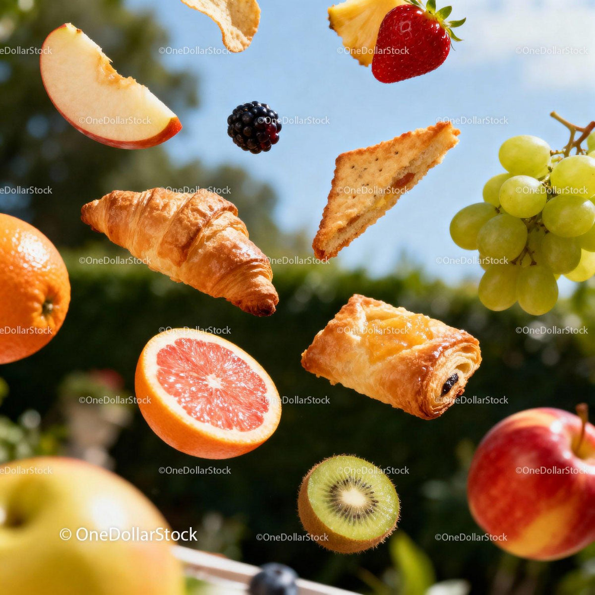 Fresh fruits and pastries floating on sunny background