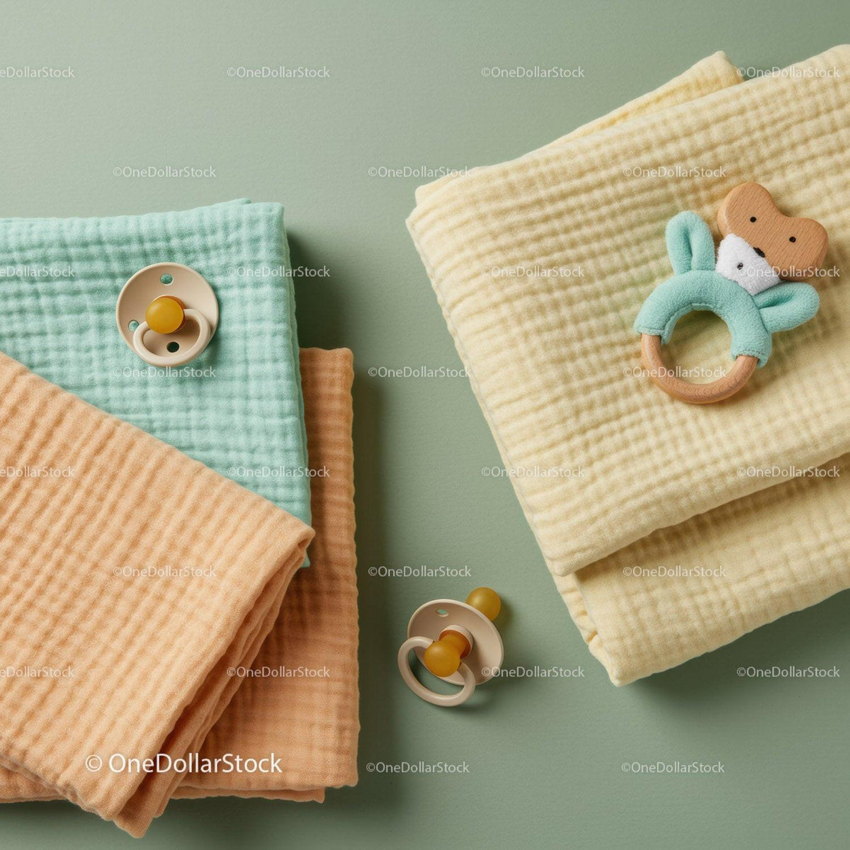 Soft baby blankets with pacifiers and toy on green background