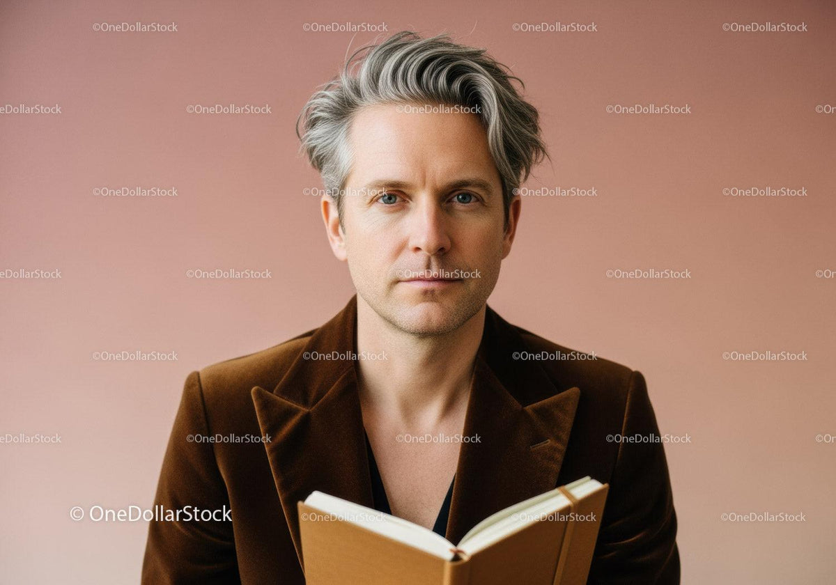 Professional Portrait of a Mature Man with Gray Hair Reading a Book