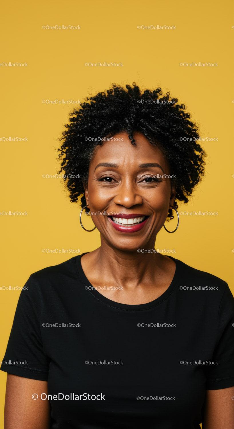 Confident Smiling Woman with Curly Hair Against Bright Yellow Background