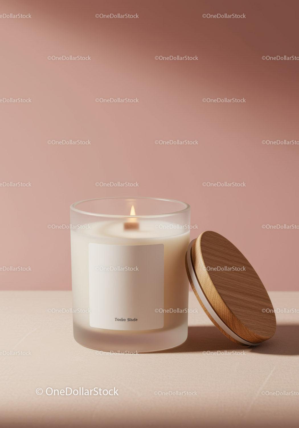 White Candle with Wooden Lid in Minimalist Cozy Home Decor JPG Mockup Image preview