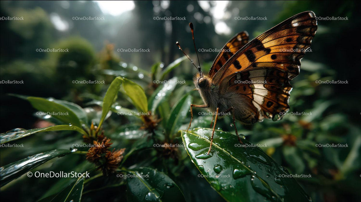 Close-up of a Monarch Butterfly on Green Leaf in Nature Scene